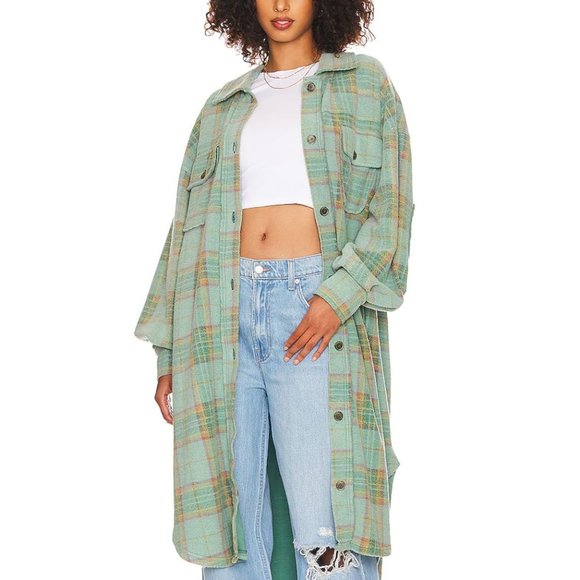Free People Jackets & Blazers - Free People Plaid Long Ruby Jacket in Sage Small